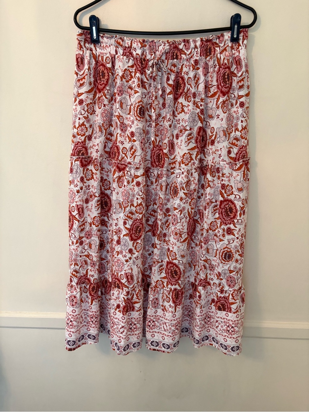 Merokeety Pleated Skirt Women's White Pink Floral Midi Length Drawstring Sz XL